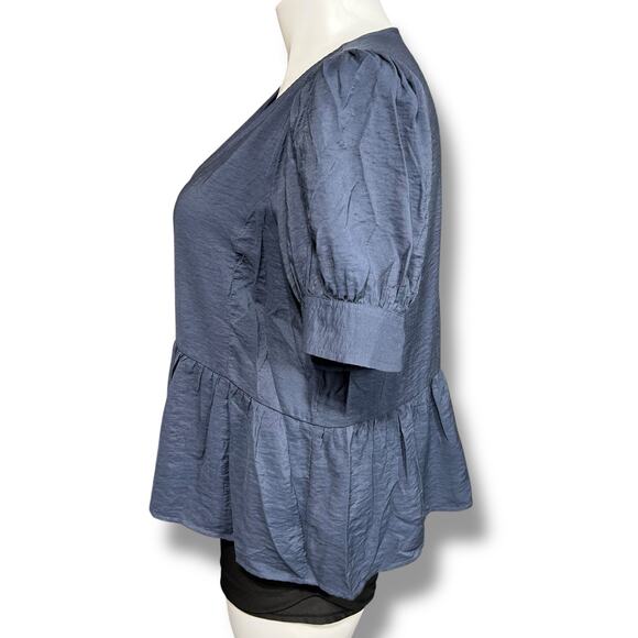 Madewell Womens Peplum Top V Neck Button Down Puffed Short Sleeves Navy Blue XXL - Picture 4 of 8